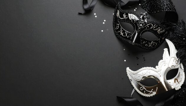 Elegant masquerade masks on a minimalist black background with copy space
