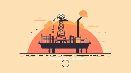 Offshore oil rig at sunset. Simple line art