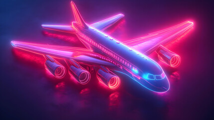 Futuristic Neon Airplane Glowing in Pink and Blue Lights