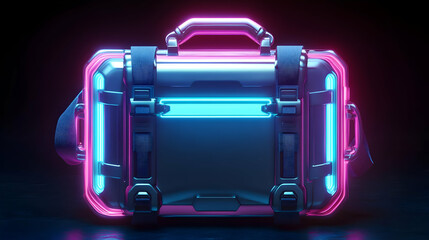 Futuristic Neon Suitcase with Glowing Pink and Blue Lights