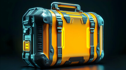 Futuristic Orange Suitcase with Glowing Details on Dark Background