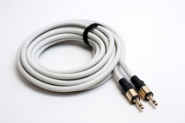 Fototapeta premium Coiled audio cable with gold plated connectors on a clean white background