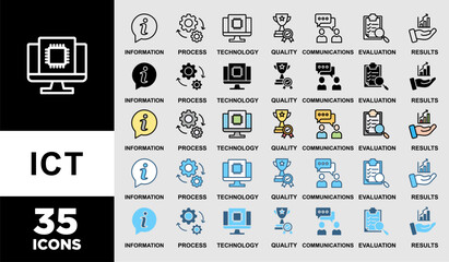 ICT icon set with various styles and colors of  antenna, radio, network, website, database, cloud, server, data, electronic, and processor icon