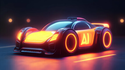 Futuristic Pixel Art Sports Car with Glowing Neon Wheels at Night