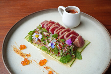Seared Tuna Salad with Spicy sauce in Thai Northern Style. Beautiful Fusion food, Fine dining plate decorating ideas