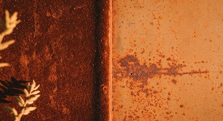 A rusty metal surface with a leafy green plant growing out of it