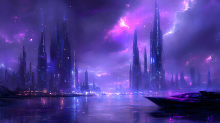 Futuristic Purple Cityscape at Night with Glowing Skyscrapers and Reflections