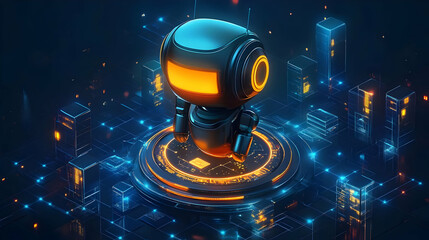 Futuristic Robot in Glowing Digital Cityscape
