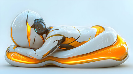 Futuristic Robot Resting on Glowing Orange Cushion