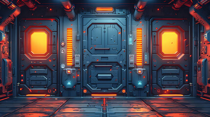 Futuristic Sci-Fi Spacecraft Doorway with Glowing Orange and Blue Panels