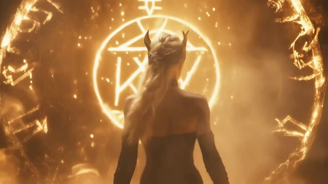 Powerful blond fantasy warrior with ornate horns and flowing white hair standing before luminous magical portal inscribed with glowing norse runes, embodying mythical norse goddess energy