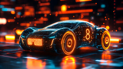 Futuristic Sports Car Glowing with Neon Lights at Night