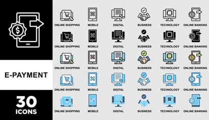 E-PAYMENT icon set with various styles and colors of  online shopping, technology, digital, mobile, business and online banking