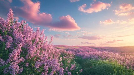 4.A picturesque view of blooming lilac bushes and pink wildflowers on a peaceful meadow, with a dreamy sky of soft pink morning clouds blending gently into the blue horizon.