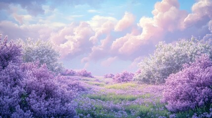 2.A tranquil spring meadow filled with lush lilac bushes in full bloom, their vibrant purple hues contrasting with delicate pink wildflowers scattered across the grass, framed by soft pink morning