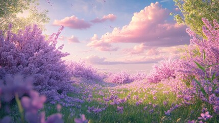 2.A tranquil spring meadow filled with lush lilac bushes in full bloom, their vibrant purple hues contrasting with delicate pink wildflowers scattered across the grass, framed by soft pink morning