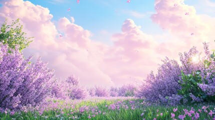 2.A tranquil spring meadow filled with lush lilac bushes in full bloom, their vibrant purple hues contrasting with delicate pink wildflowers scattered across the grass, framed by soft pink morning