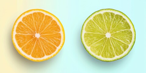 Two citrus slices, orange and lime, against a pastel background