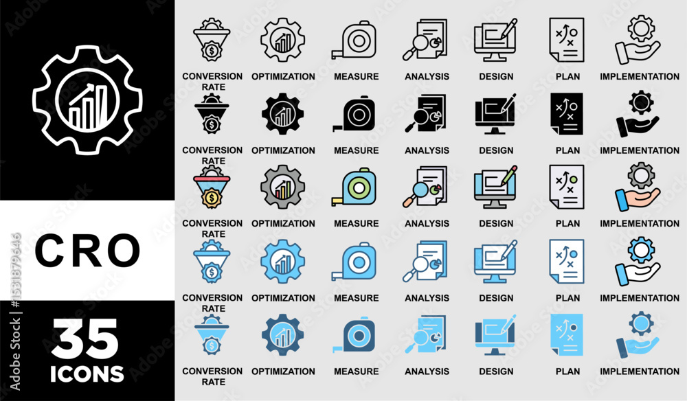 Poster cro icon set with various styles and colors of measure, analysis, design, plan, and implementation
