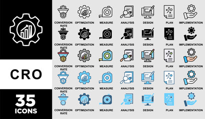 CRO icon set with various styles and colors of measure, analysis, design, plan, and implementation
