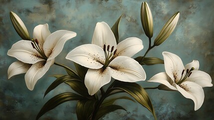 Elegant white lilies blossom against an abstract blue backdrop, showcasing detailed floral and buds
