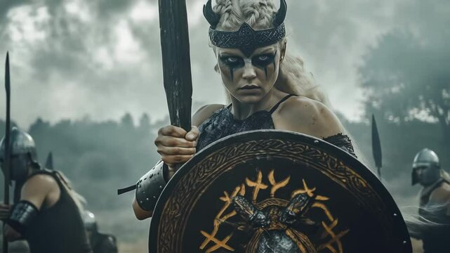 Blonde shieldmaiden with horned helmet and war paint, holding a spear and shield, prepares for battle in a misty forest, embodying strength and determination in norse mythology