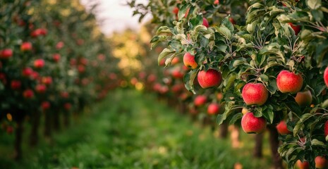 Lush apple orchard, rows of trees laden with ripe red apples
