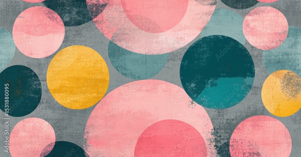 Poster abstract circles overlap, creating textured pattern. pink, yellow, teal hues dominate gray backgroun