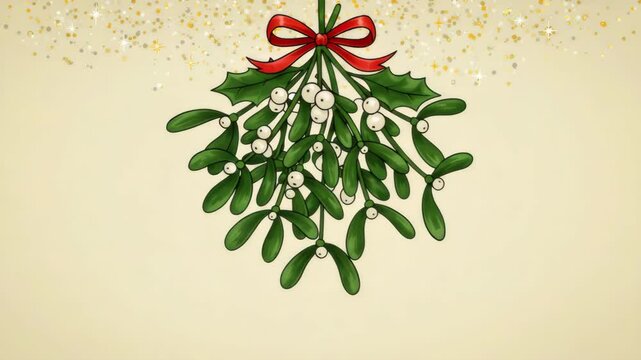 Golden glitter surrounds a hanging mistletoe branch tied with festive red bow above blank, cream-colored surface, ideal for winter greetings.