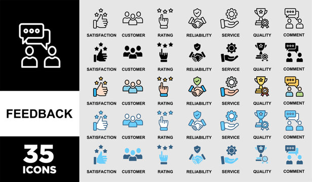 FEEDBACK icon set with various styles and colors of satisfaction, customer, rating, quality, comment, service and reliability