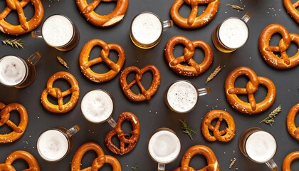 Fototapeta premium Festive flat-lay pattern featuring Oktoberfest beer mugs and pretzels arrangement