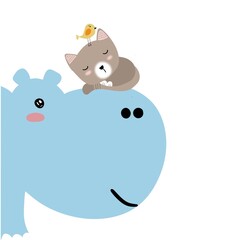 hippopotamus sleeping cat and yellow bird are friends