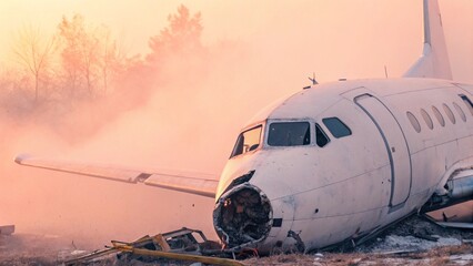 Close Up of Damaged White Aircraft Wreckage Lying on Dirt Ground With Debris Suitable for Disaster Documentation and Research