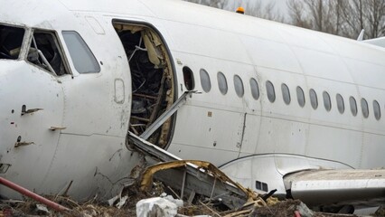 Fototapeta premium Close Up of Damaged White Aircraft Wreckage Lying on Dirt Ground With Debris Suitable for Disaster Documentation and Research