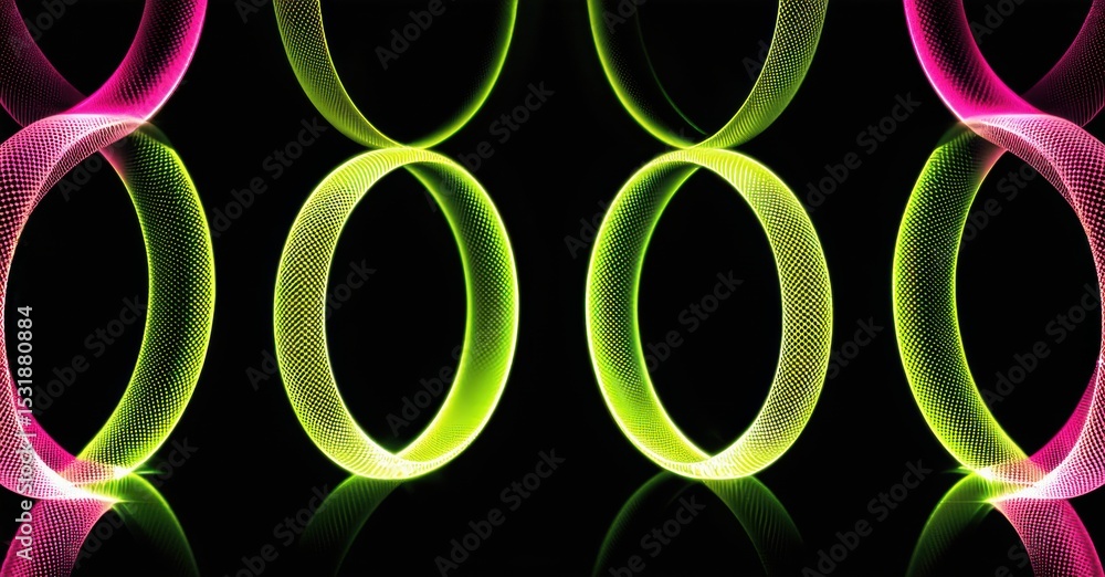 Poster abstract design features repeating circular forms, vibrant colors, glossy reflections. minimalist co