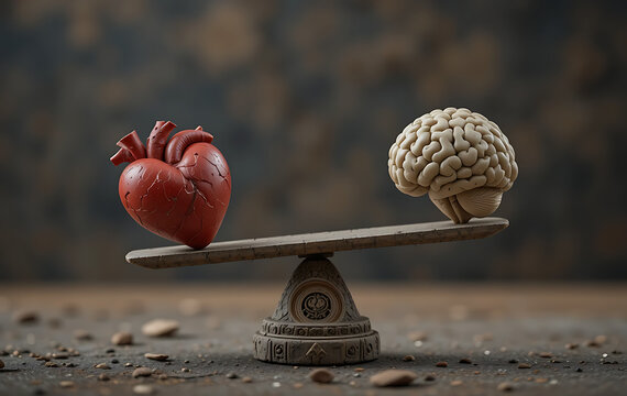 A brain and a heart are carefully balanced on a vintage scale, set against a rustic wooden background. The scene symbolizes the ongoing struggle between rational thought and deep emotions