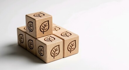 Wooden blocks with leaf designs symbolize eco-friendly growth sustainability nature environmental responsibility corporate social responsibility and sustainable development
