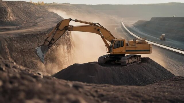 Powerful excavator working in open pit mine landscape