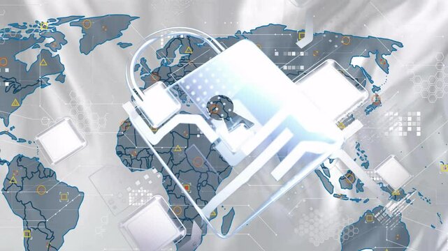 Silk surface rippling revealing map padlock forming rotating lines pulsing ensuring data security