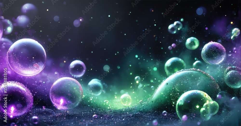 Poster bubbles float amidst dark background. purple, green hues create magical, sparkling effect. light ref