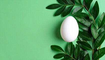 Minimalist easter composition egg and leaves on a green background perfect for easter greeting cards or invitations with room for text