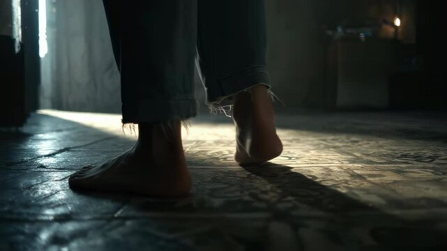 Bare human feet walking slowly across patterned ceramic tiles, filtered through soft ambient light casting gentle shadows in a dimly illuminated, intimate interior space