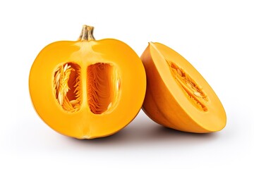 Freshly cut cantaloupe displaying its internal structure isolated against a white background