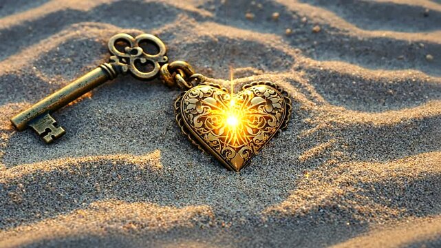 Antique key and heart-shaped locket resting on sandy beach, sunlight reflecting, serene atmosphere