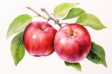Watercolor painting of ripe red apples with green leaves on a branch against white background.