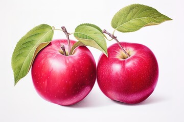 Two vibrant red apples with green leaves on white background fresh organic produce