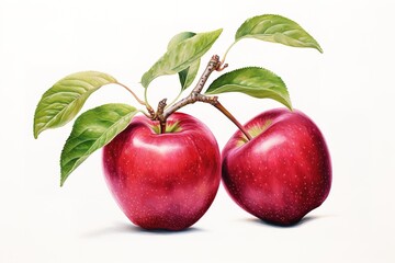 Realistic illustration of two shiny red apples with green leaves and a small branch