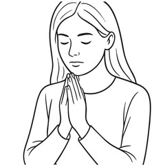 A black and white vector features an adult woman praying silently, hands together and eyes closed, outlined in bold black to emphasize serenity.

