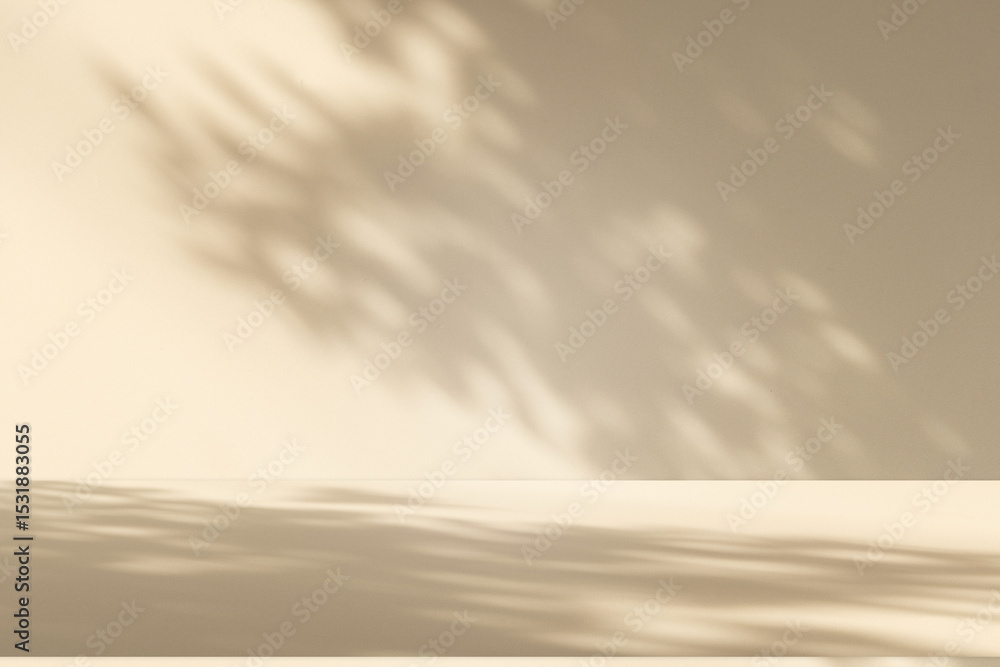 Poster Wall interior background, studio and backdrops show products. with leaf shadow from window color beige and white. background for text insertion and presentation of product	
