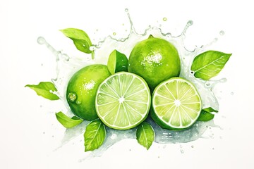 Watercolor painting of fresh limes with water splash and green leaves on a white background
